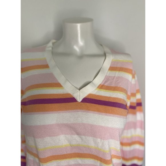Izod White Pastel Striped Womens V-Neck Sweater Size S 100% Cotton Vintage Retro - Picture 7 of 16